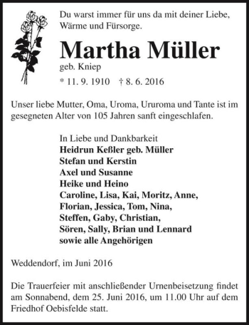 Traueranzeige von Martha Müller (geb. Kniep)  von Magdeburger Volksstimme
