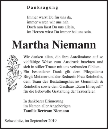 Traueranzeige von Martha Niemann  von Magdeburger Volksstimme