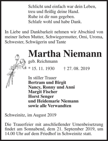 Traueranzeige von Martha Niemann (geb. Reichmann)  von Magdeburger Volksstimme