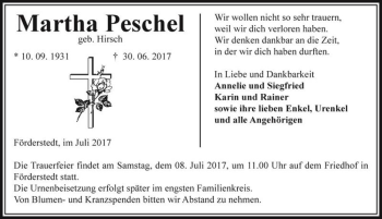 Traueranzeige von Martha Peschel (geb. Hirsch)  von Magdeburger Volksstimme