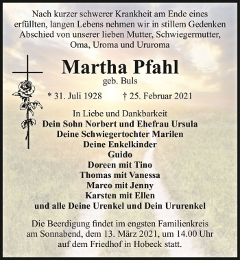 Traueranzeige von Martha Pfahl (geb. Buls)  von Magdeburger Volksstimme
