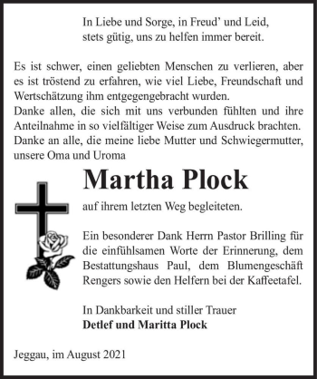 Traueranzeige von Martha Plock  von Magdeburger Volksstimme