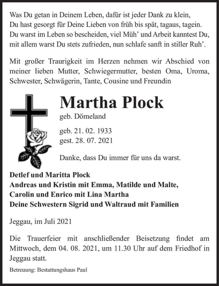  Traueranzeige für Martha Plock (geb. Dömeland)  vom 30.07.2021 aus Magdeburger Volksstimme