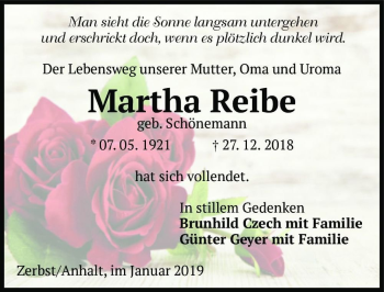 Traueranzeige von Martha Reibe (geb. Schönemann)  von Magdeburger Volksstimme