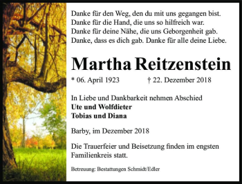 Traueranzeige von Martha Reitzenstein  von Magdeburger Volksstimme