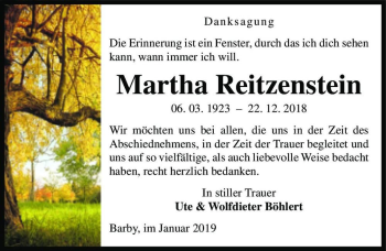 Traueranzeige von Martha Reitzenstein  von Magdeburger Volksstimme