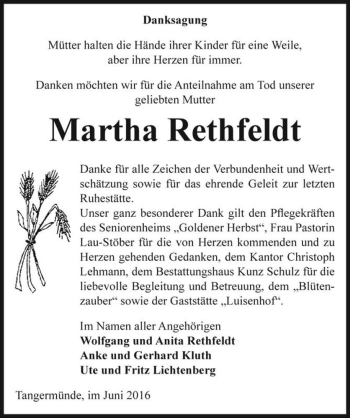 Traueranzeige von Martha Rethfeldt  von Magdeburger Volksstimme
