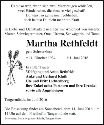 Traueranzeige von Martha Rethfeldt (geb. Schwarzlose)  von Magdeburger Volksstimme