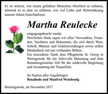 Traueranzeige von Martha Reulecke  von Magdeburger Volksstimme