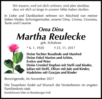 Traueranzeige von Martha Reulecke (geb. Schuhose)  von Magdeburger Volksstimme