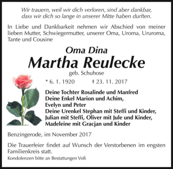 Traueranzeige von Martha Reulecke (geb. Schuhose)  von Magdeburger Volksstimme