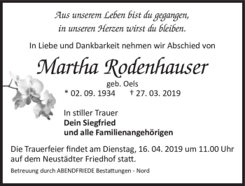 Traueranzeige von Martha Rodenhauser (geb. Oels)  von Magdeburger Volksstimme