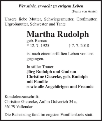 Traueranzeige von Martha Rudolph (geb. Bernau)  von Magdeburger Volksstimme