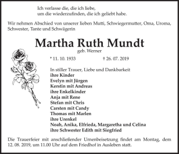 Traueranzeige von Martha Ruth Mundt (geb. Werner)  von Magdeburger Volksstimme