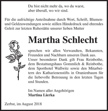 Traueranzeige von Martha Schlecht  von Magdeburger Volksstimme