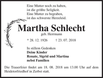 Traueranzeige von Martha Schlecht (geb. Herrmann)  von Magdeburger Volksstimme