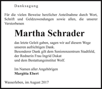 Traueranzeige von Martha Schrader  von Magdeburger Volksstimme