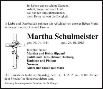 Traueranzeige von Martha Schulmeister  von Magdeburger Volksstimme