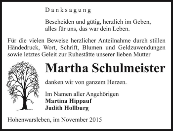 Traueranzeige von Martha Schulmeister  von Magdeburger Volksstimme