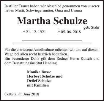 Traueranzeige von Martha Schulze (geb. Stahr)  von Magdeburger Volksstimme