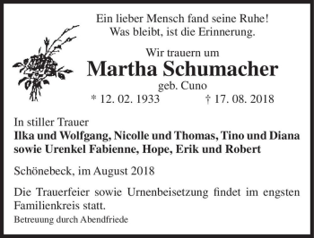 Traueranzeige von Martha Schumacher (geb. Cuno)  von Magdeburger Volksstimme