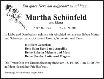Traueranzeige von Martha Schönfeld (geb. Rieger)  von Magdeburger Volksstimme