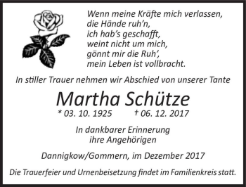 Traueranzeige von Martha Schütze  von Magdeburger Volksstimme