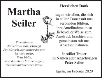 Traueranzeige von Martha Seiler  von Magdeburger Volksstimme