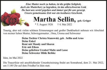 Traueranzeige von Martha Sellin (geb. Gröger)  von Magdeburger Volksstimme
