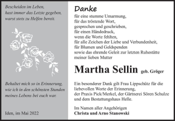 Traueranzeige von Martha Sellin (geb. Gröger)  von Magdeburger Volksstimme