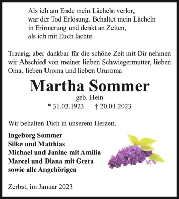Traueranzeige von Martha Sommer (geb. Hein)  von Magdeburger Volksstimme