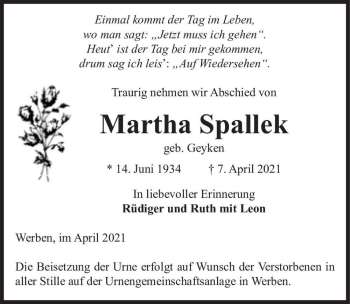 Traueranzeige von Martha Spallek (geb. Geyken)  von Magdeburger Volksstimme
