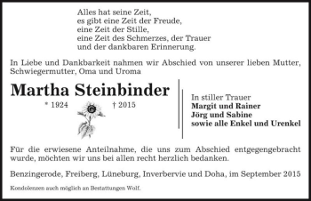 Traueranzeige von Martha Steinbinder  von Magdeburger Volksstimme