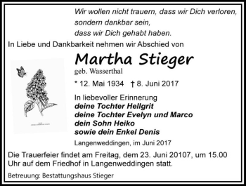 Traueranzeige von Martha Stieger (geb. Wasserthal)  von Magdeburger Volksstimme