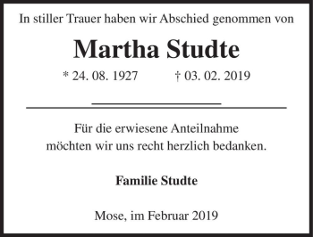 Traueranzeige von Martha Studte  von Magdeburger Volksstimme