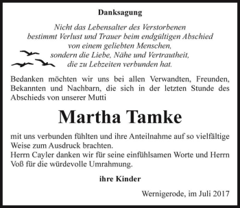 Traueranzeige von Martha Tamke  von Magdeburger Volksstimme