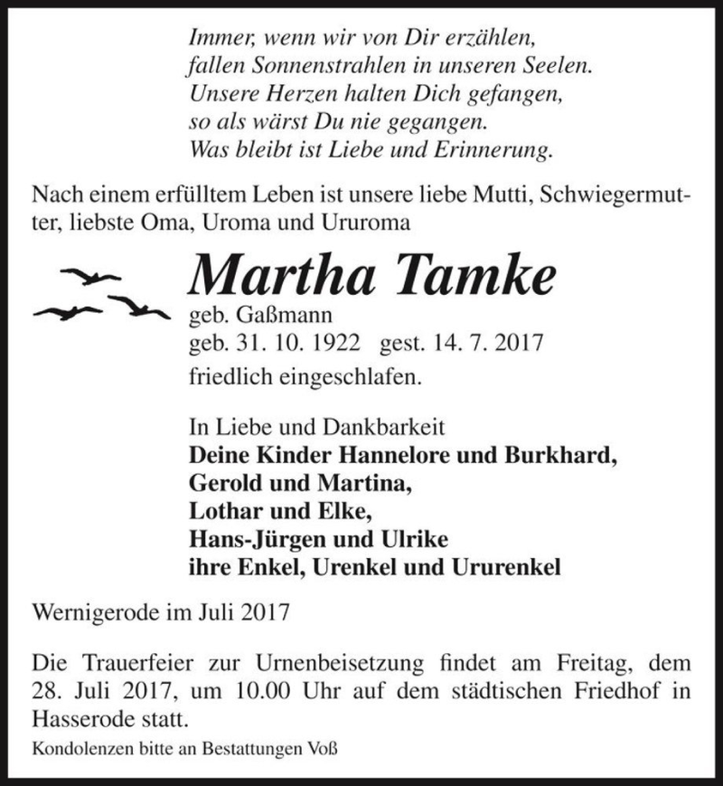  Traueranzeige für Martha Tamke (geb. Gaßmann)  vom 19.07.2017 aus Magdeburger Volksstimme