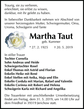 Traueranzeige von Martha Taut (geb. Kummer)  von Magdeburger Volksstimme