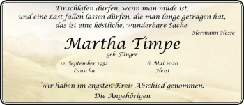 Traueranzeige von Martha Timpe (geb. Fänger)  von Magdeburger Volksstimme