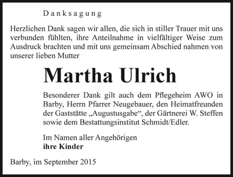  Traueranzeige für Martha Ulrich  vom 02.10.2015 aus Magdeburger Volksstimme