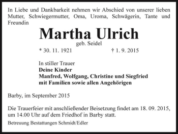 Traueranzeige von Martha Ulrich (geb. Seidel)  von Magdeburger Volksstimme