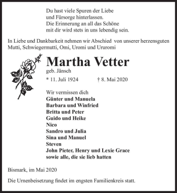 Traueranzeige von Martha Vetter (geb. Jänsch)  von Magdeburger Volksstimme