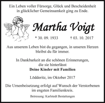 Traueranzeige von Martha Voigt  von Magdeburger Volksstimme