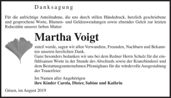 Traueranzeige von Martha Voigt  von Magdeburger Volksstimme