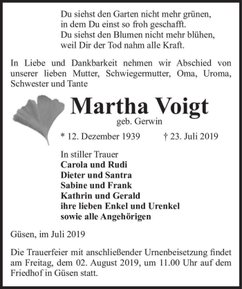 Traueranzeige von Martha Voigt (geb. Gerwin)  von Magdeburger Volksstimme