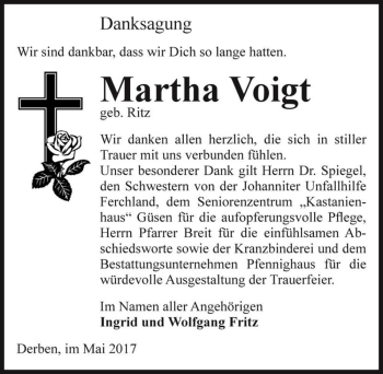 Traueranzeige von Martha Voigt (geb. Ritz)  von Magdeburger Volksstimme