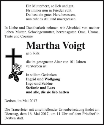 Traueranzeige von Martha Voigt (geb. Ritz)  von Magdeburger Volksstimme