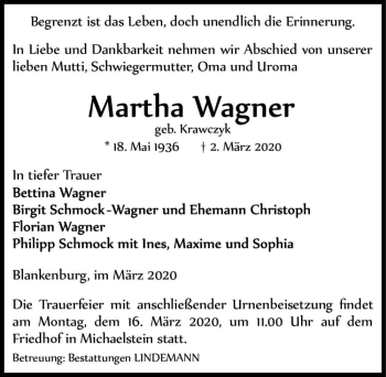 Traueranzeige von Martha Wagner (geb. Krawczyk)  von Magdeburger Volksstimme
