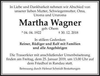 Traueranzeige von Martha Wagner (geb. Ohem)  von Magdeburger Volksstimme
