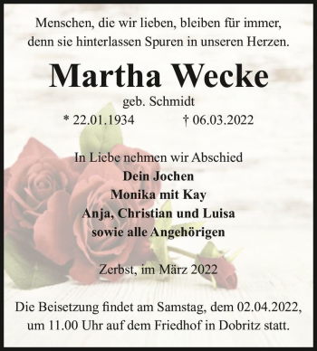 Traueranzeige von Martha Wecke (geb. Schmidt)  von Magdeburger Volksstimme